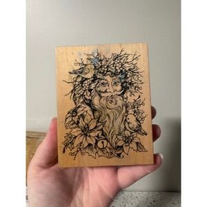 Vintage Wood Mounted Rubber Stamp Whimsical Nature Face Birds Flowers